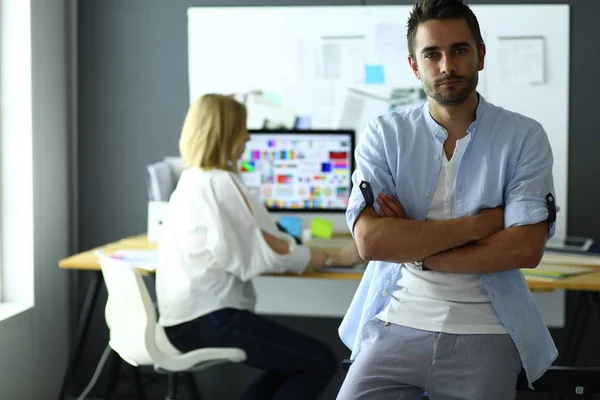 Portrait Young Designer Front Laptop Computer While Working Assistant Using — Stock Photo, Image