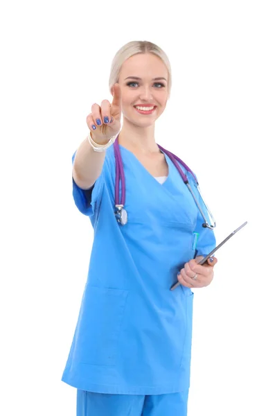 Médica usando um comprimido digital e de pé sobre fundo branco. Mulheres médicas. — Fotografia de Stock