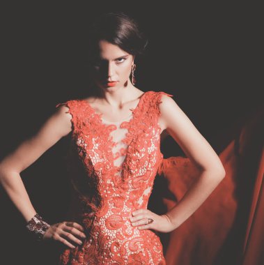 Koyu renk saçlı, uzun kırmızı elbiseli güzel bir genç kız.