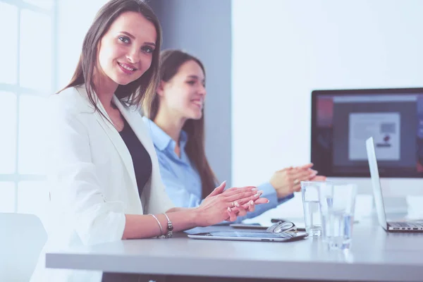 Photo of partners clapping hands after business seminar. Professional education, work meeting, presentation — Stock Photo, Image