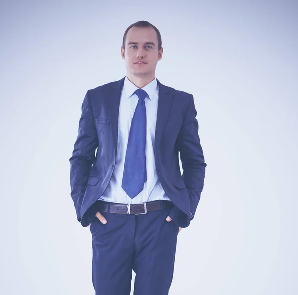 Empresário feliz de pé isolado no fundo branco — Fotografia de Stock