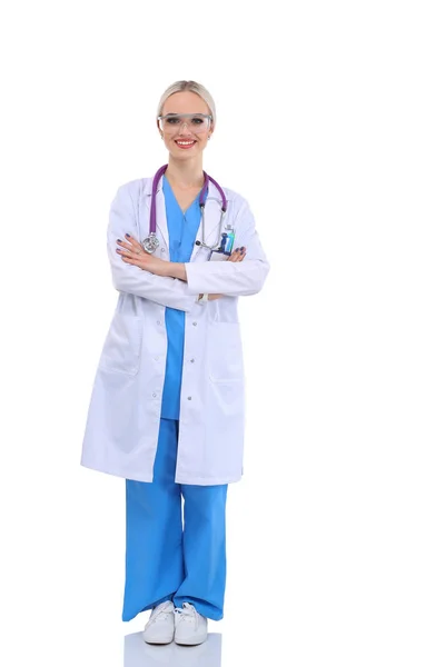 Female doctor using a digital tablet and standing on white background. Woman doctors. — Stock Photo, Image