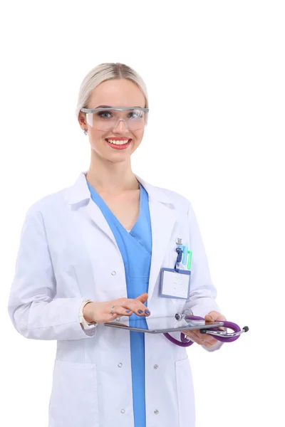 Female doctor using a digital tablet and standing on white background. Woman doctors. — Stock Photo, Image