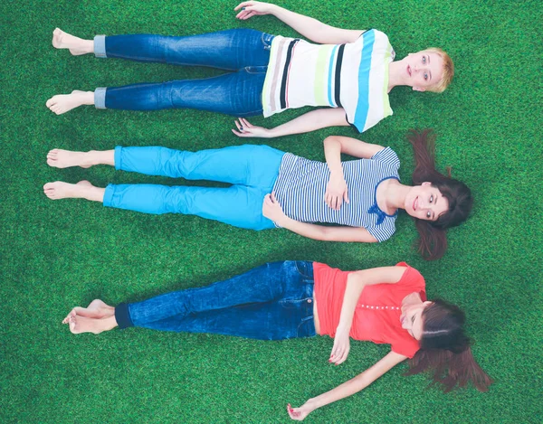 Mujeres jóvenes tumbadas sobre hierba verde. Mujeres jóvenes — Foto de Stock