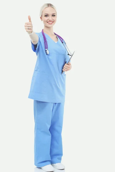 Ärztin mit digitalem Tablet auf weißem Hintergrund. Ärztinnen. — Stockfoto