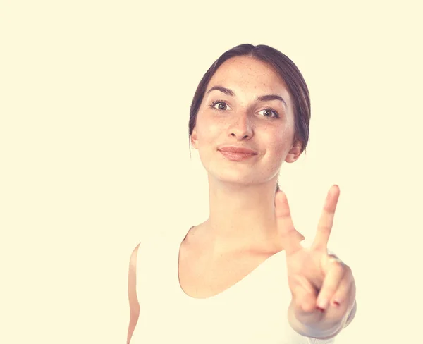 Portrait d'une jeune femme souriante pointant vers le haut — Photo