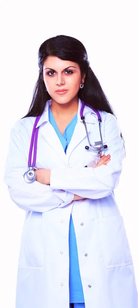 Молодой врач или медик с планшетом и стетоскопом на белом фоне — стоковое фото
