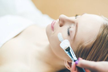Spa yüz maskesi uygulaması. Spa güzelliği organik yüz maskesi uygulaması.