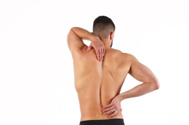 Onun boyun ağrısı tutan genç adam. Tıp kavramı