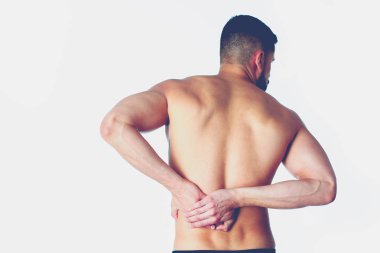 Onun boyun ağrısı tutan genç adam. Tıp kavramı