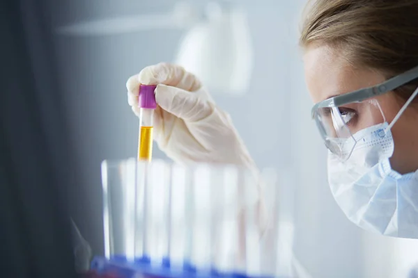 Un investigador médico o científico o un médico que observa un tubo de ensayo de solución verde líquida en un laboratorio —  Fotos de Stock