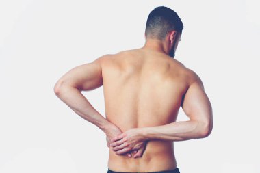 Onun boyun ağrısı tutan genç adam. Tıp kavramı