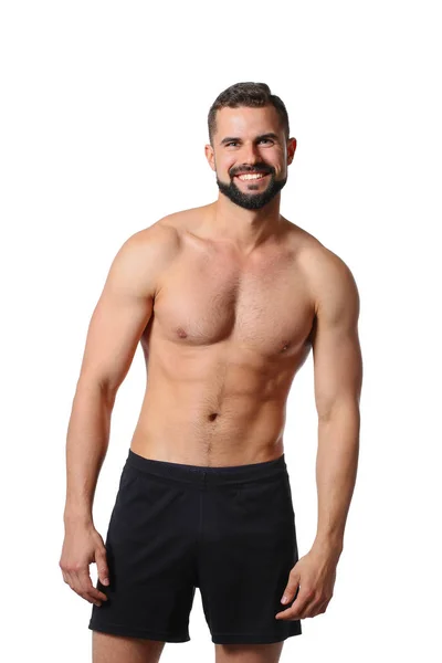 Portrait of a happy athletic man with muscular torso standing — Stock Photo, Image