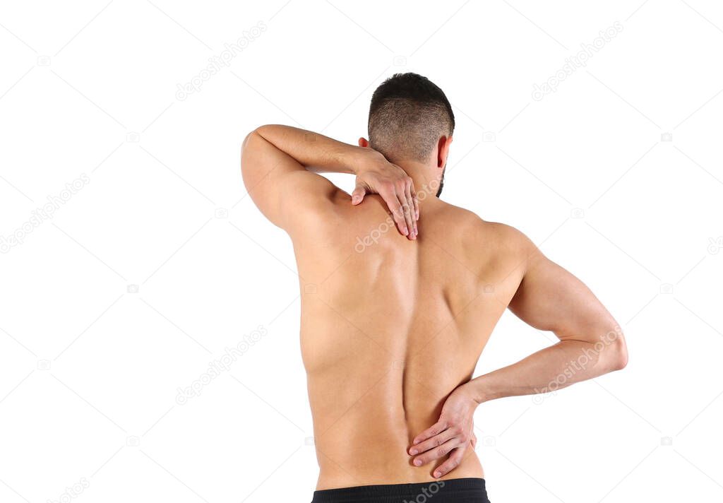 Young man holding his neck in pain. Medical concept