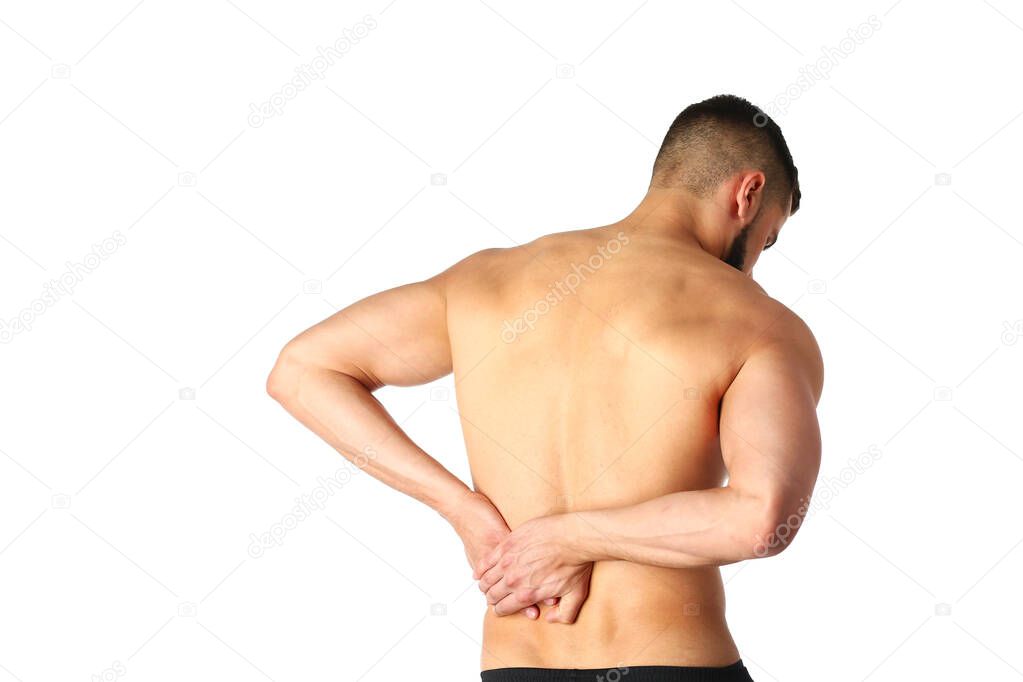 Young man holding his neck in pain. Medical concept