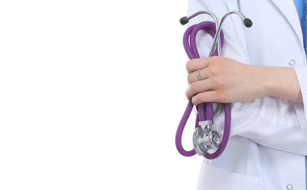 Retrato de médico fêmea em pé contra isolado em fundo branco. Mulher médica. — Fotografia de Stock