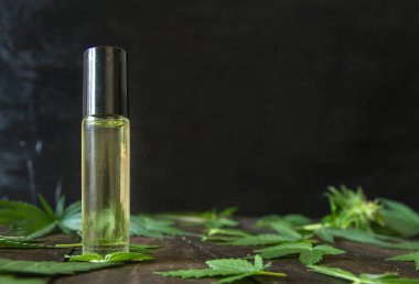 Tıbbi CBD yağ şişesi ve yeşil kenevir yaprakları 