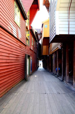 Bryggen 'deki eski bina Norveç' in Bergen şehrinde..