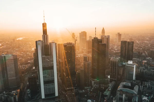 Increíble vista de Fráncfort del Meno, Alemania Skyline en la nebulosa mañana de invierno en la hermosa luz del amanecer —  Fotos de Stock