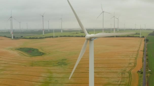 AERIAL: Vindturbin roterar av kraften i vinden och generera förnybar energi på ett grönt ekologiskt sätt för planeten över vackra gula jordbruksfältet — Stockvideo