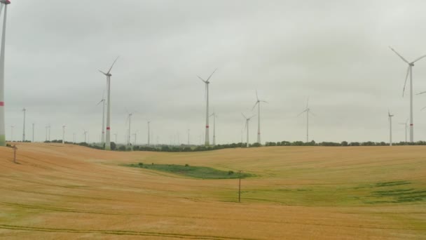 AERIAL: Fazenda de turbinas eólicas no rico campo de agricultura amarela girando pela força do vento e gerando energia renovável de forma ecológica verde para o planeta na Alemanha — Vídeo de Stock