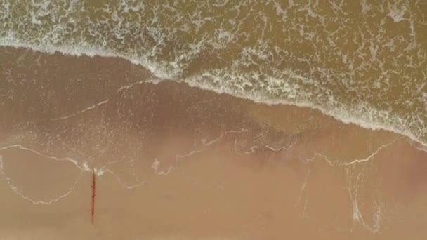 AERIAL: Genéricos Beach Overhead Shot no Mar Báltico Alemanha com ondas batendo contra Wood uma praia vazia de cima — Vídeo de Stock