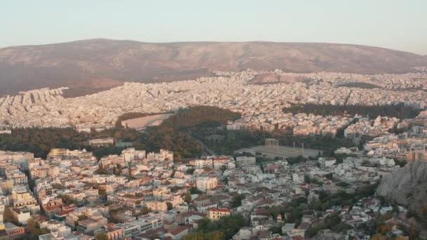 Aerial View of The Temple of Olympian Zeus in Athens, Greece during Golden Hour Sunset light — Stock Video