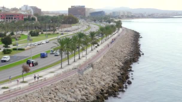 AERIAL: Ruta de la costa con coches, tráfico en el océano con palmeras en la isla tropical Mallorca, España en vacaciones de día soleado, Viajar, Soleado — Vídeos de Stock