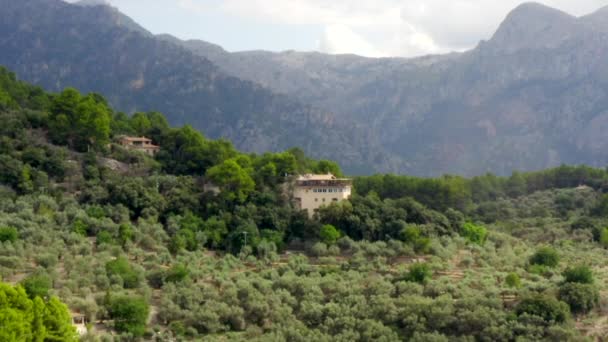 AERIAL: Montañas de la Selva en Isla Tropical Mallorca, España en Vacaciones de Día Soleado, Viajar, Soleado, Olas — Vídeo de stock