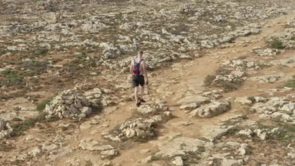 Sırt çantalı adam Rock 'ın üzerinde yürüyor, Sıcak bir günde Tropikal Ada' da Güneşli Hava, Günışığı — Stok video