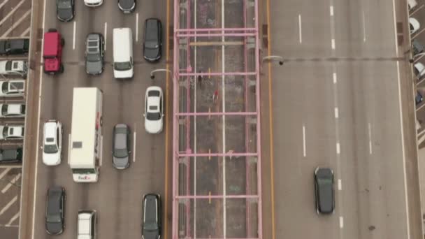 AERIAL: Overhead Top-down Bird View of Bridge with heavy car traffic, New York City — 图库视频影像