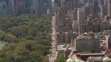 Güneşli yaz gününde Central Park 'taki güzel New York caddesi üzerinde uçuş. 