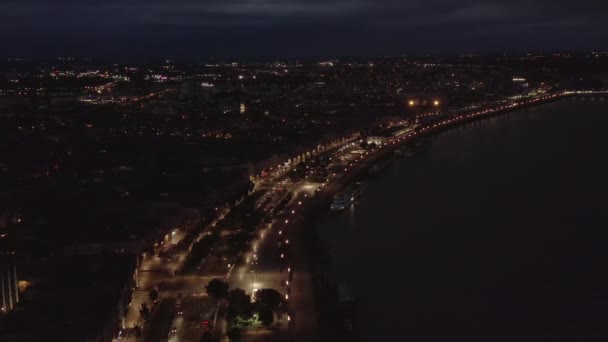 Bordeaux Riverside of Garonne River wide view at Night, Aerial forward — Stock Video