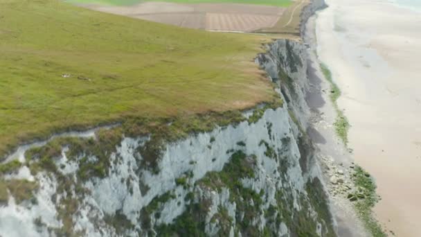 Widok z lotu ptaka na wiejski klif we Francji i widok na ocean — Wideo stockowe