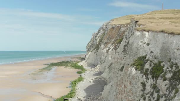 Sea Gull voando por White Cliff, Cap Blanc-Nez, França Vista aérea para a frente com Blue Sky — Vídeo de Stock