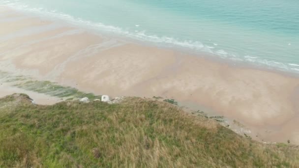 海の景色を望む緑の草、急な崖を明らかに空中傾斜 — ストック動画