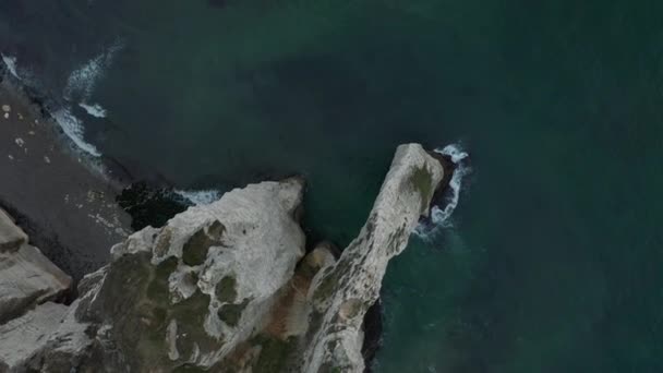 Nad hlavou shora dolů Birds Eye Letecký pohled na útesy Etretat ve Francii s vlnami a ptáky létání — Stock video