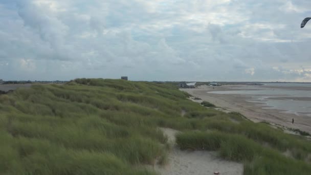 European Marram Dune Hierba en arena cerca de una playa con Kitesurfer — Vídeo de stock