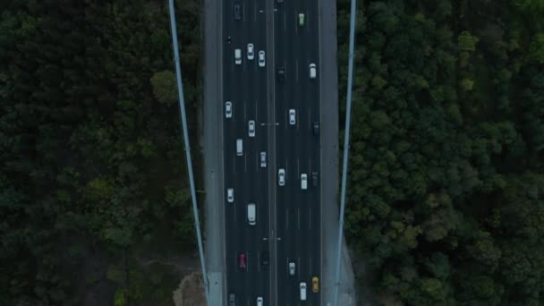 Inicio de la autopista Bridge Road entre bosques forestales con tráfico de coches, Aerial Birds Eye de arriba hacia abajo Ver estática — Vídeo de stock