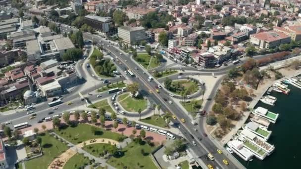 Car Traffic Intersection with Yellow Taxi Cabs in Istanbul on Bosphorus, Scenic Aerial Birds Eye Overhead View — Stock Video