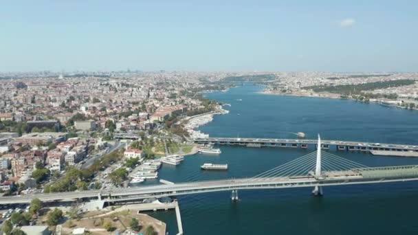 Bosphorus Bridges connecting Europe and Asia in Istanbul on Blue Sky Day, Aerial Drone View — Stock Video