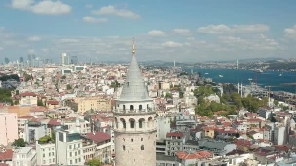 Close up of Galata Tower Top revealing Istanbul Skyscraper Skyline of Beautiful Blue Sky Summer day, Aerial View forward — Stock Video