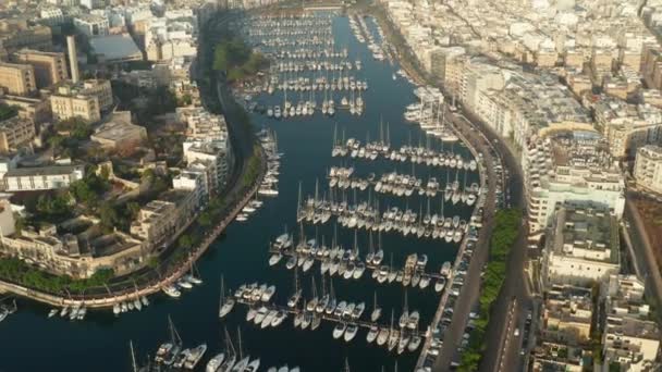 Voiliers et bateaux réguliers assis dans le port de Marina sur l'île de Malte, inclinaison vers le bas Vue aérienne — Video
