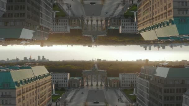 Abstract Aerial Drone View of Empty Empty Brandenburg Gate in Berlin, Germany Mirrored Symmetrical View in Afternoon Light with no People — стокове відео