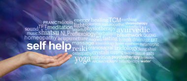 Kendi kendine yardım teknikleri Word Cloud - kendi ilgili kelime bulutu çerçevede bir mavi yeşil tüylü çevrili yardım yukarıdaki kelimelerle açık el