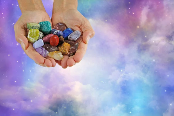 Crystal Healer Offering Selection Tumbled Healing Stones Female Therapist Holding — Stock Photo, Image