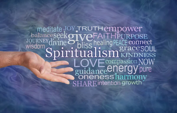 Semnificația Spiritualismului Word Cloud Mâna Masculină Gestând Spre Cuvântul Spiritualism — Fotografie, imagine de stoc