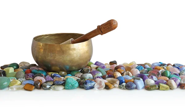 Singing Bowl Rusten Bed Van Tuimelde Genezing Stenen Een Tibetaanse — Stockfoto