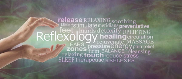 Reflexology Descriptive Word Tag Cloud Banner - female cupped hands with the word REFLEXOLOGY floating between surrounded by a relevant word tag cloud on a rustic multi coloured background