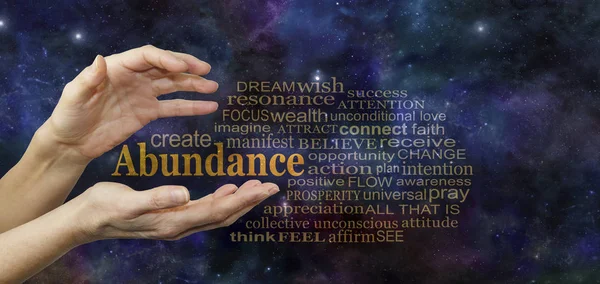 Cosmic Create Abundance Word Tag Cloud Женские Руки Словом Abundance — стоковое фото